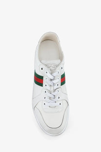 Gucci women’s stretch leather sneakers white featuring classic design with green and red striped accents on side