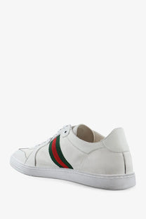Gucci women’s stretch leather sneakers white with classic leather upper and signature red and green striped webbing