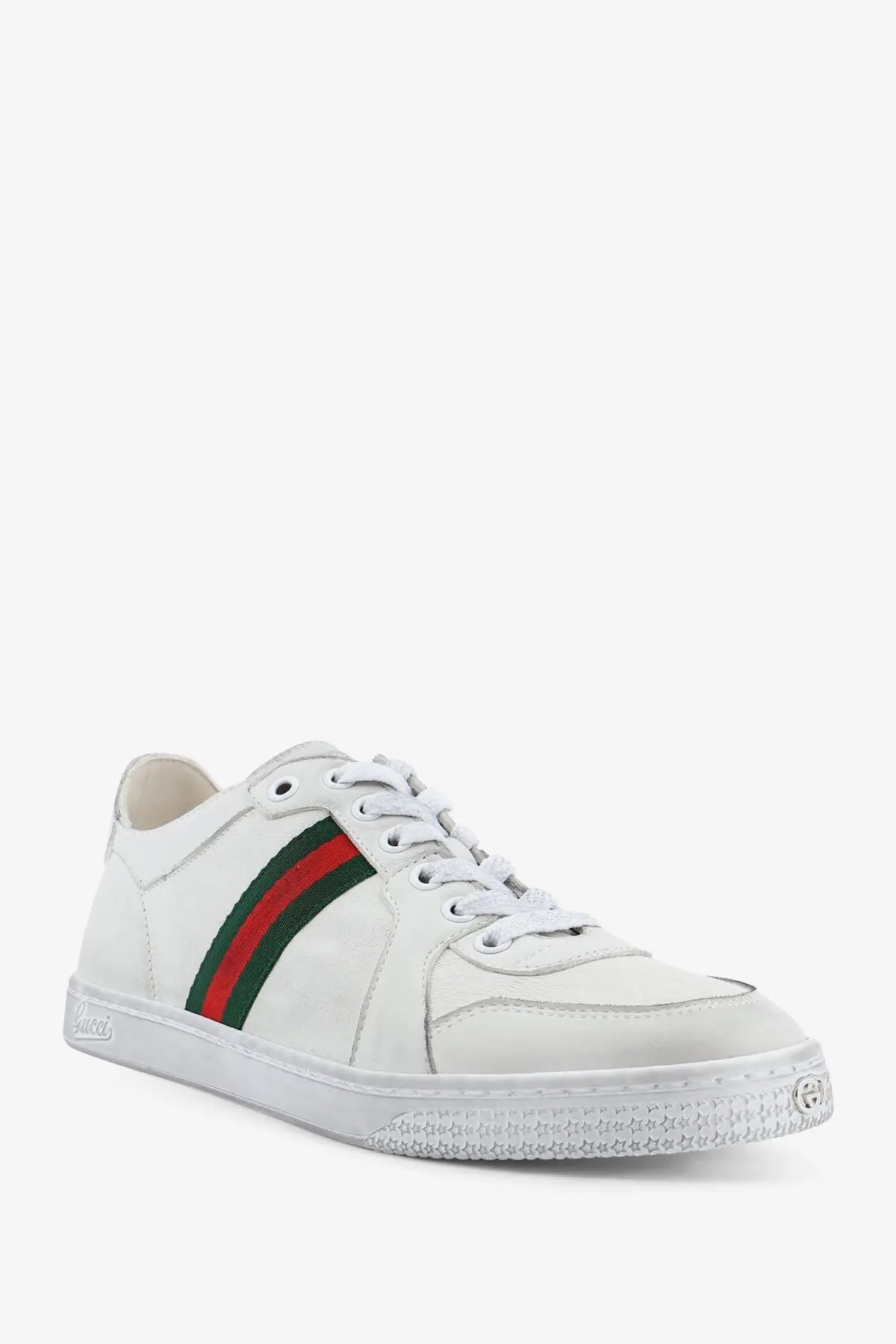 Gucci women’s stretch leather sneakers white with classic leather upper and red and green striped webbing