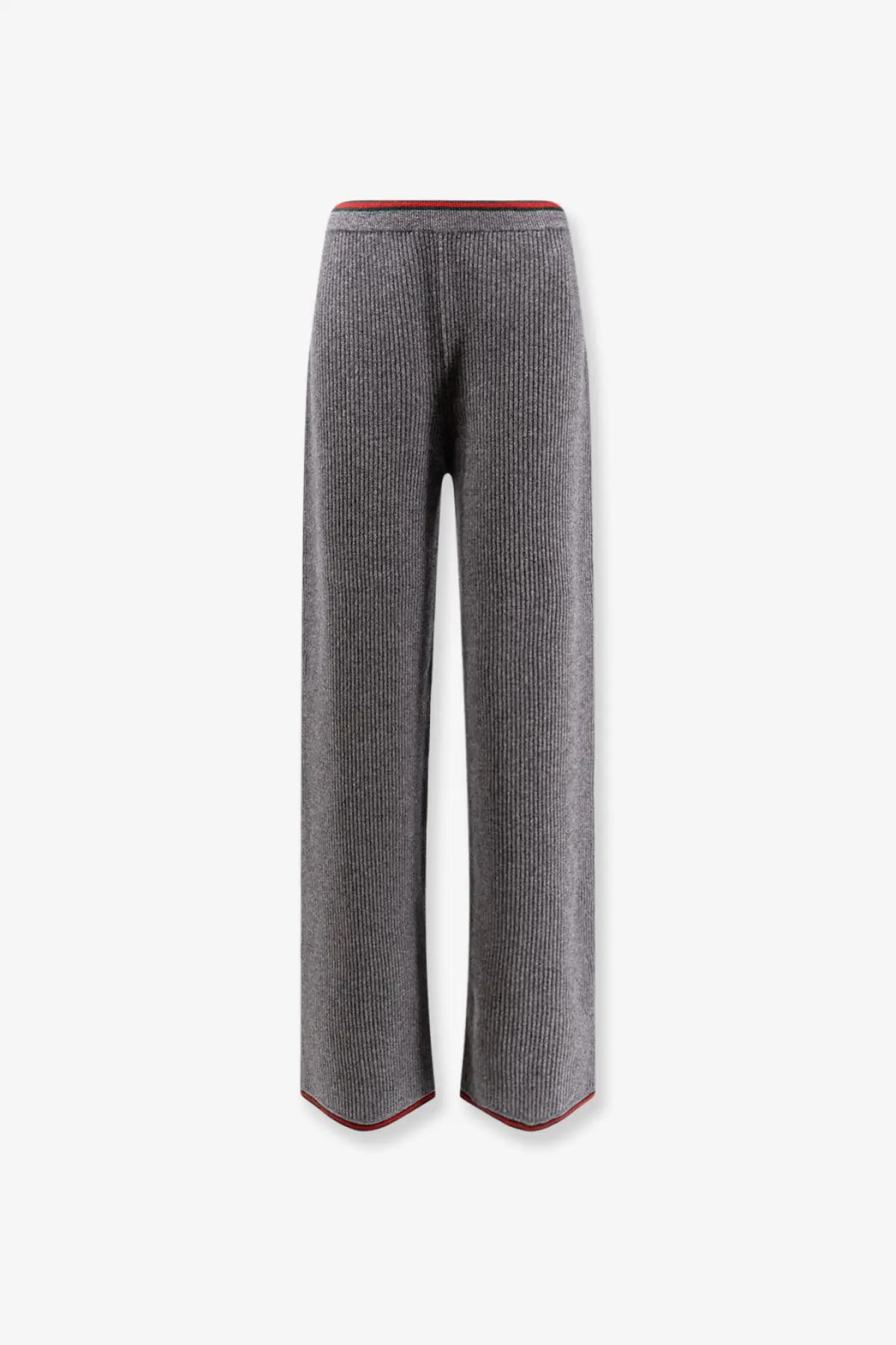 Gucci women’s stretch wool trousers in gray with red ribbed knit waistband and hem