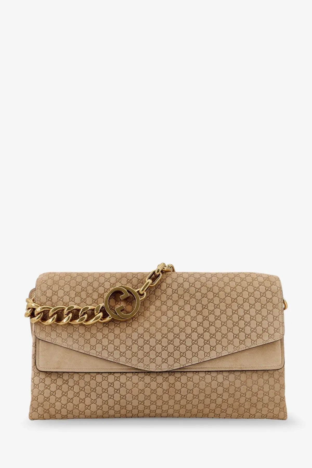 Beige gucci women’s suede and gg canvas shoulder bag with repeating gg monogram and gold-tone chain strap