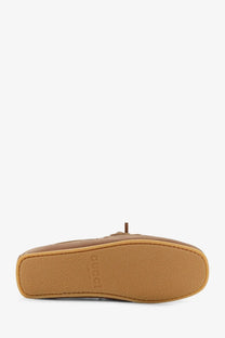 Brown leather gucci women’s loafers with tan rubber sole and embossed logo in suede yellow design