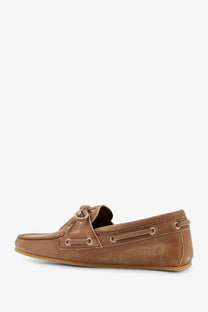 Tan leather boat shoe with classic lace-up design and metallic eyelets for Gucci womens suede loafers yellow product
