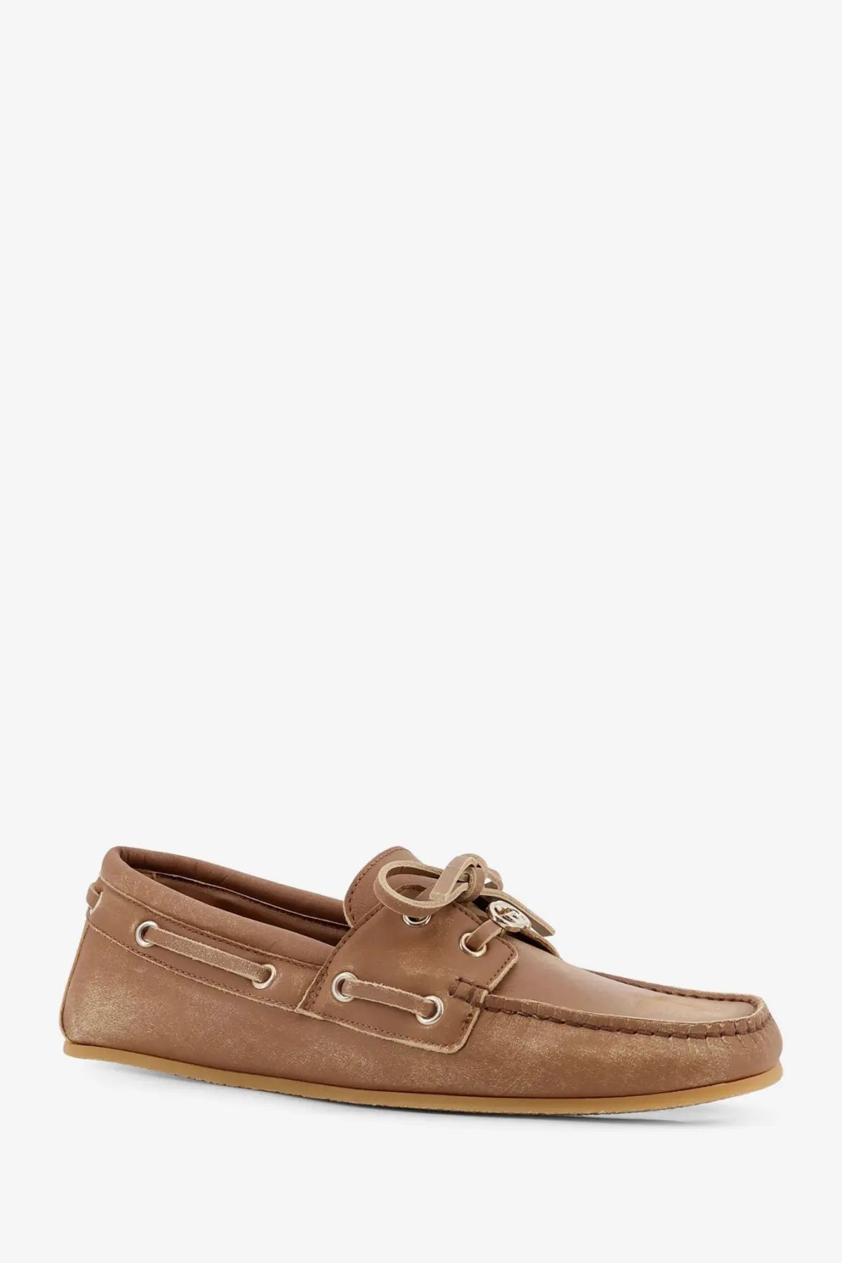 Gucci women’s yellow suede loafers with tan leather boat shoe accents and metallic eyelets