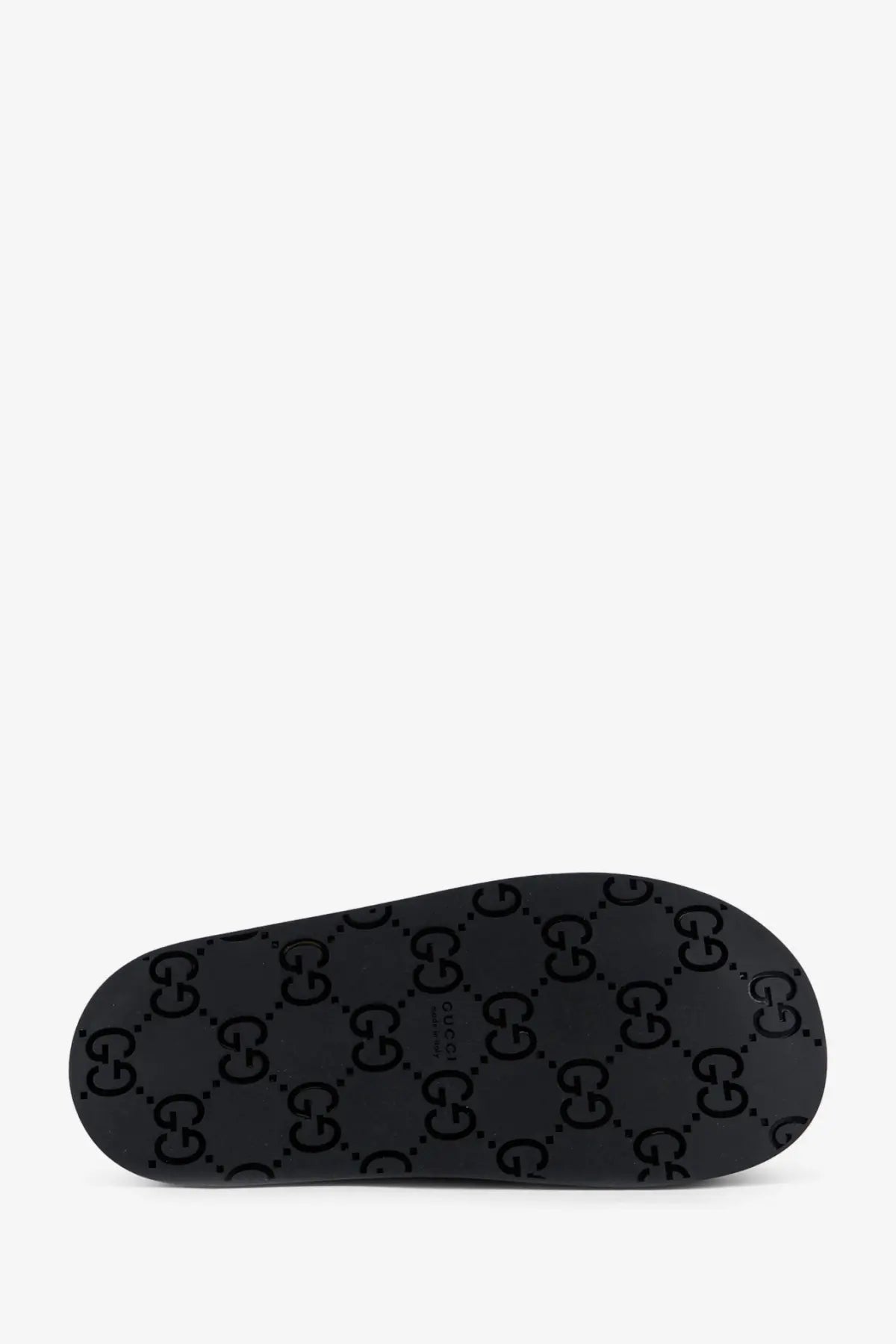 Black gucci slide sandal with glossy rubber sole featuring iconic interlocking gg logo pattern for women
