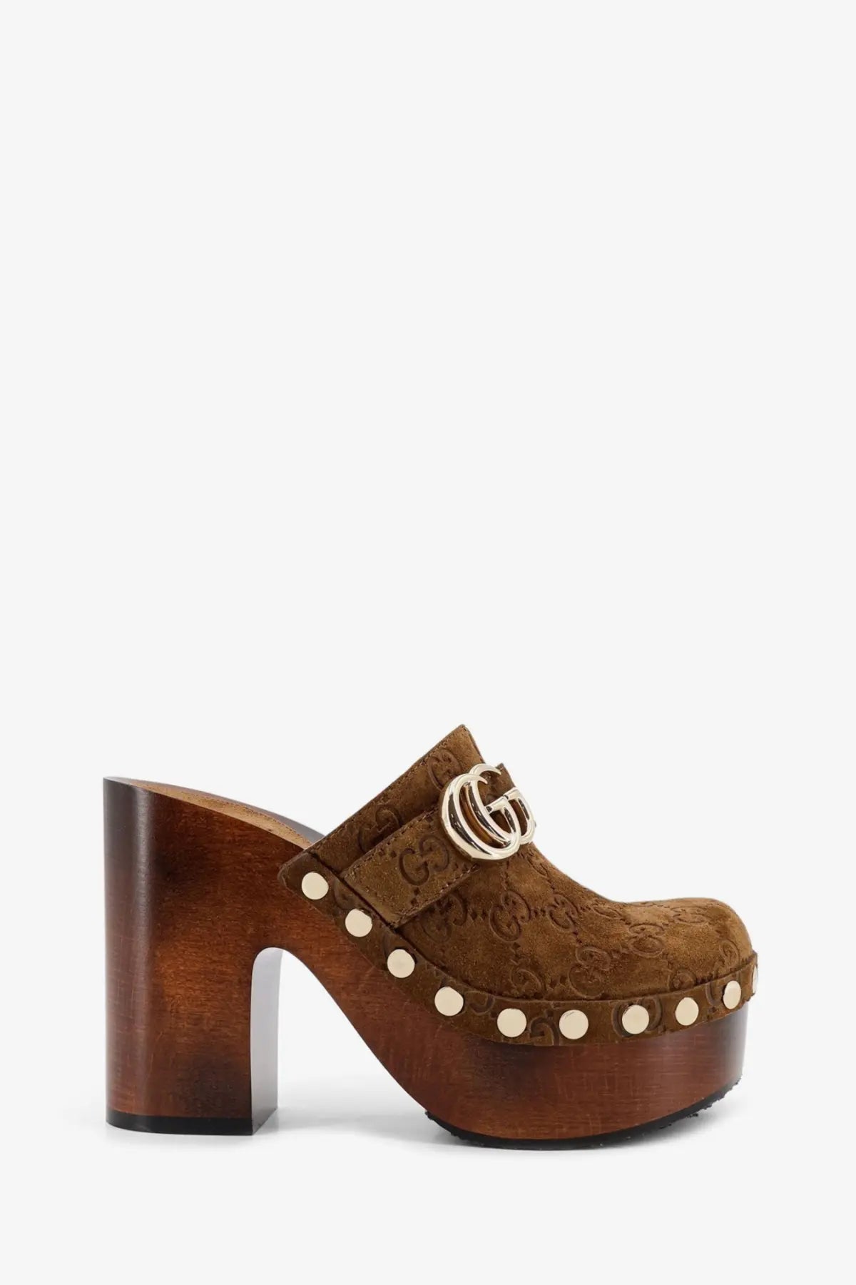 Gucci women’s brown suede clog with wooden platform heel and gold-tone gg logo buckle with circular studs