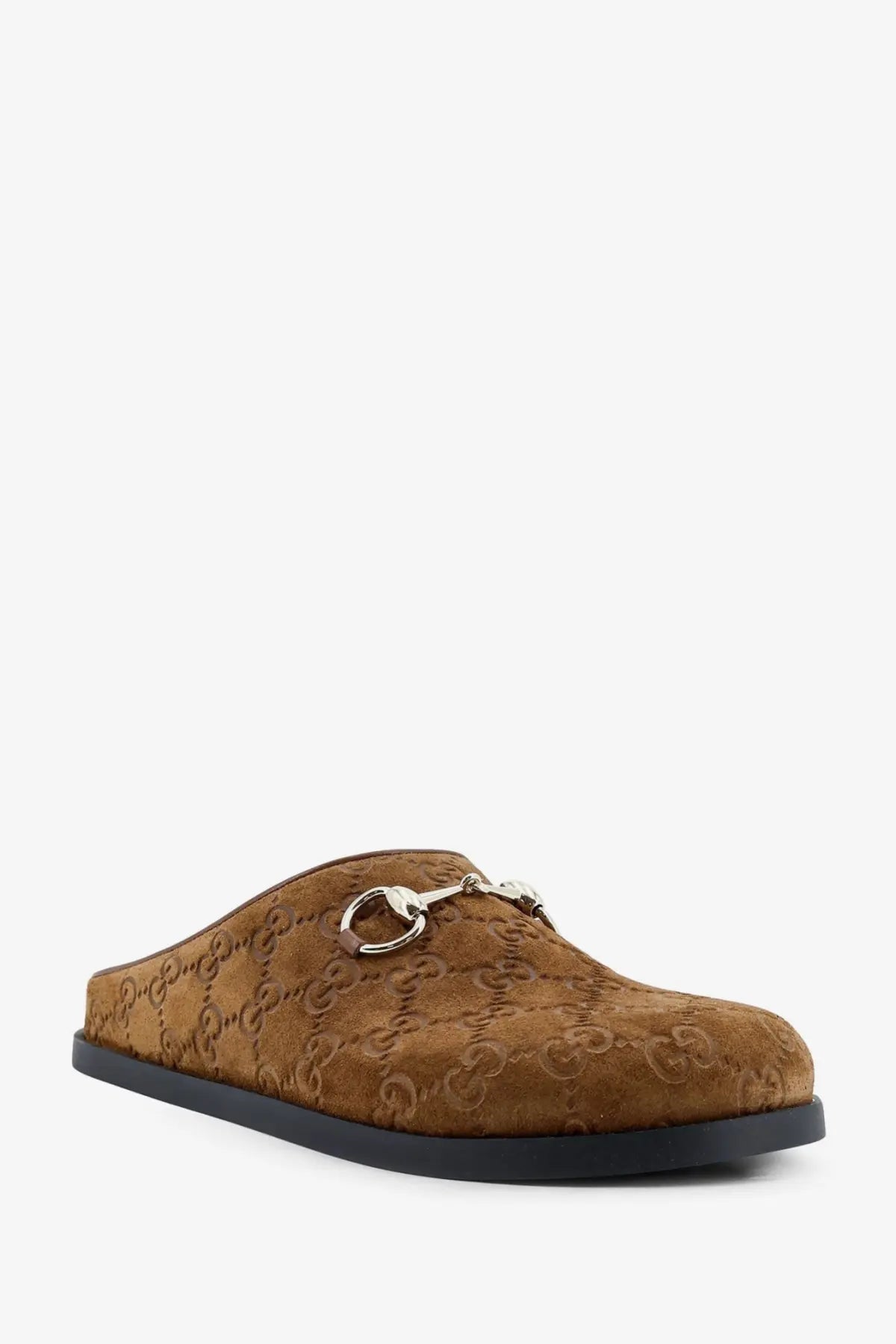 Gucci women’s brown suede horsebit mule slip-on shoe with black rubber sole in grey sandals product listing