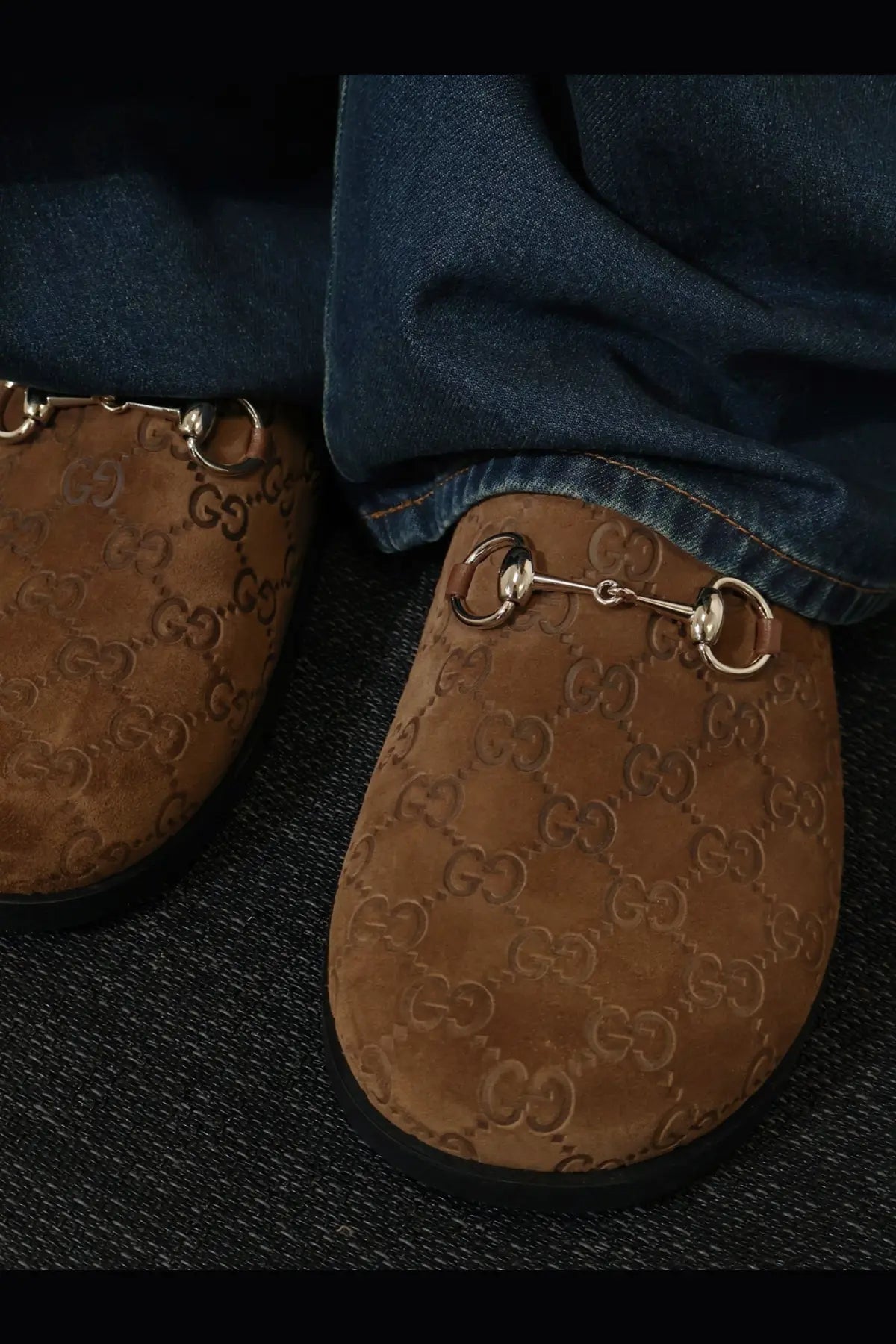 Gucci women’s brown suede loafers with gg monogram pattern and metallic horsebit detailing