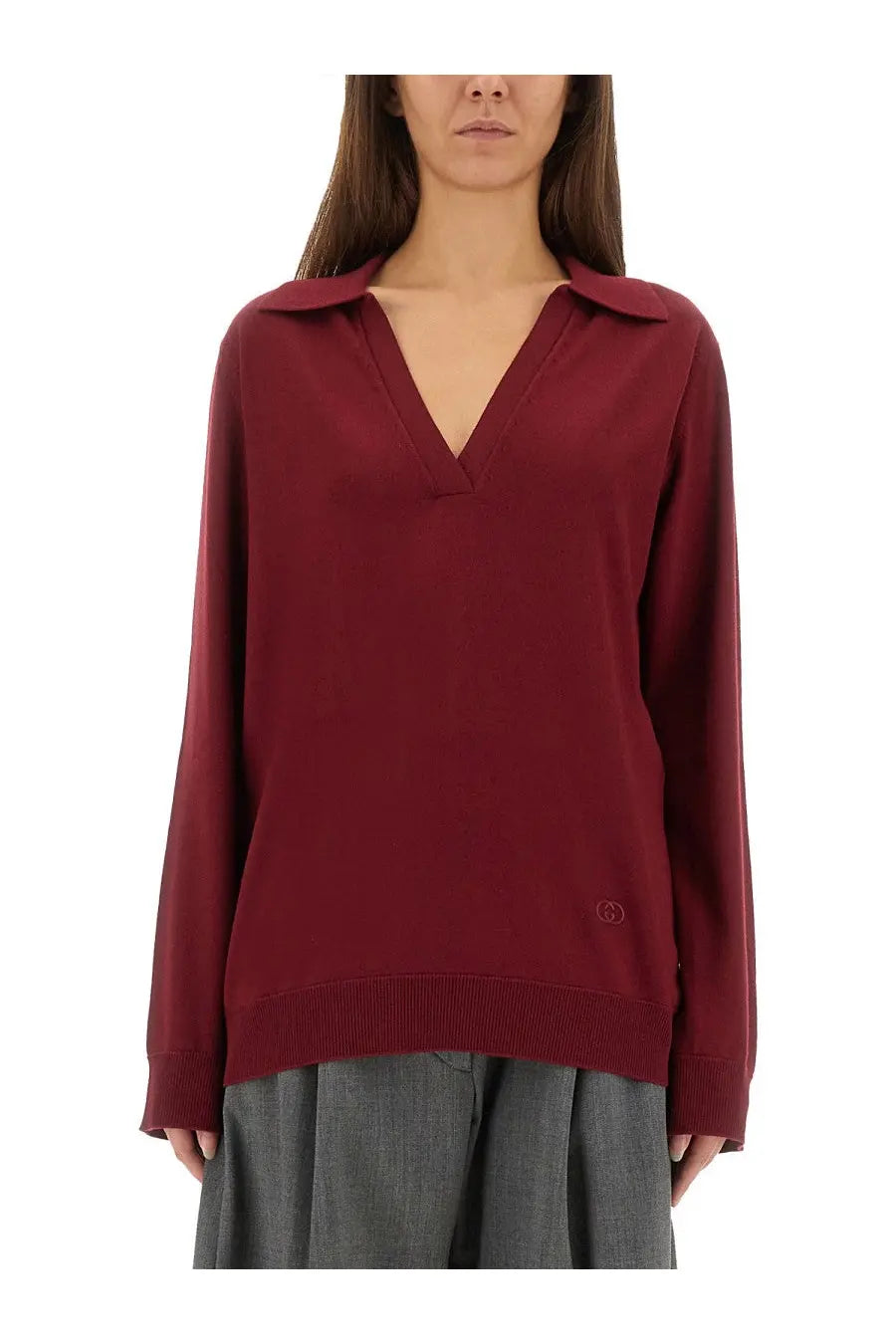 Gucci women’s red ultrafine wool polo shirt with maroon long-sleeved knit collar and v-neckline