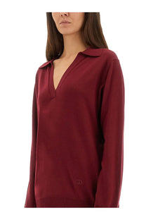 Gucci women’s ultrafine wool polo shirt red maroon long-sleeved knit top with collar v-neckline and subtle stitching details