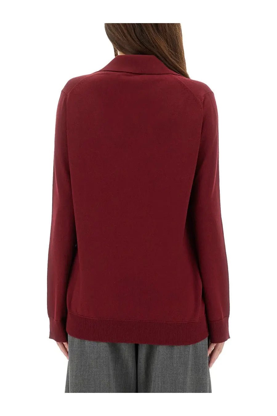 Gucci women’s ultrafine wool polo shirt in rich burgundy with long sleeves collar and ribbed cuffs