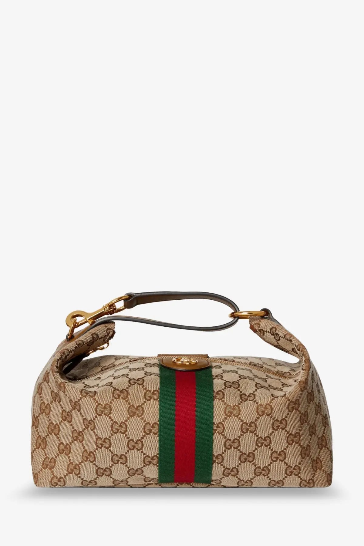 Beige gucci women’s gucci vanity gg fabric handbag with red and green striped webbing gold hardware and top handle