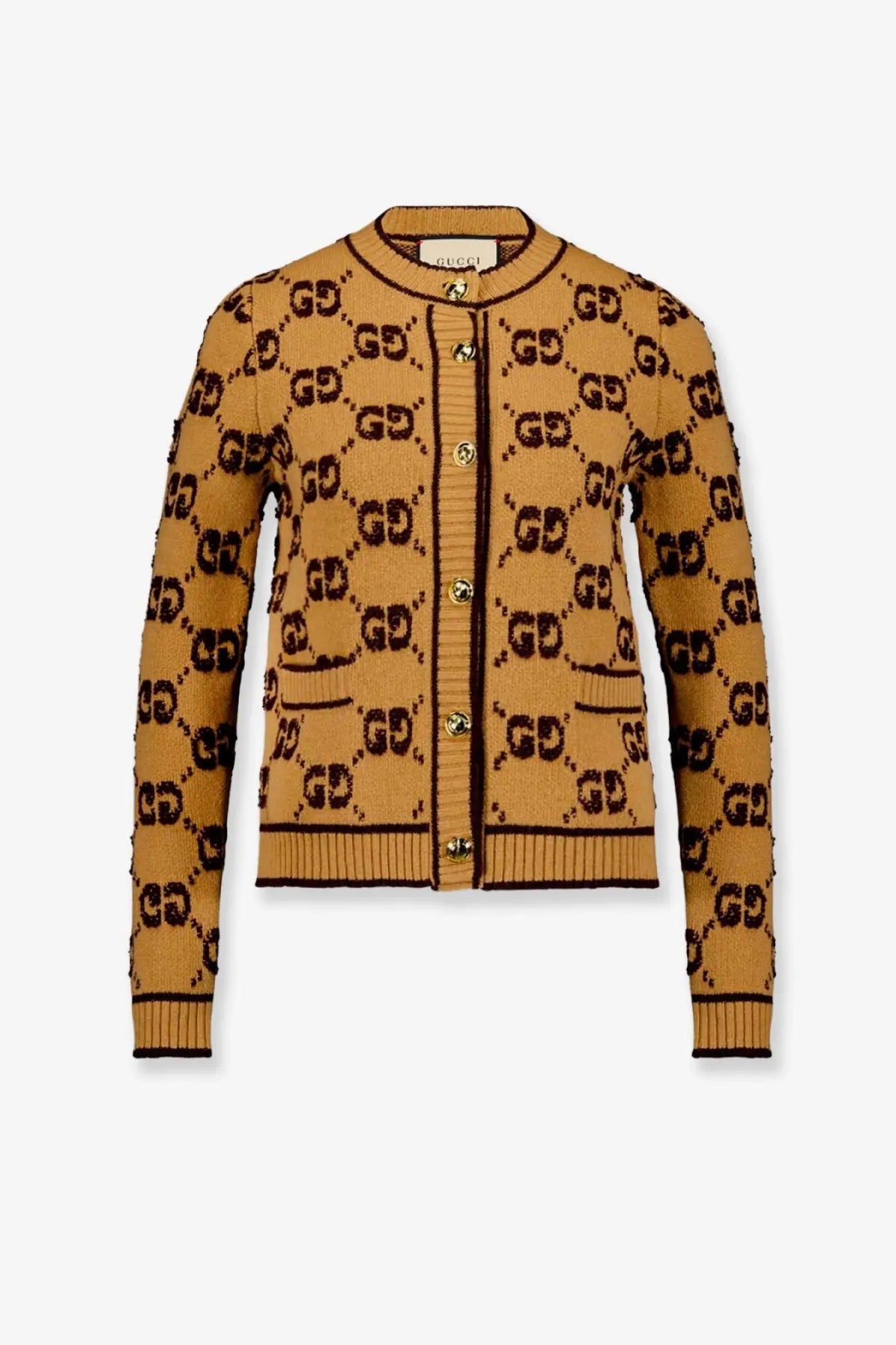 Mustard yellow gucci women’s wool cardigan with black gg monogram pattern and gold tone buttons in beige tone