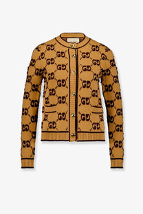 Mustard yellow gucci women’s wool cardigan with black gg monogram pattern and gold tone buttons in beige tone