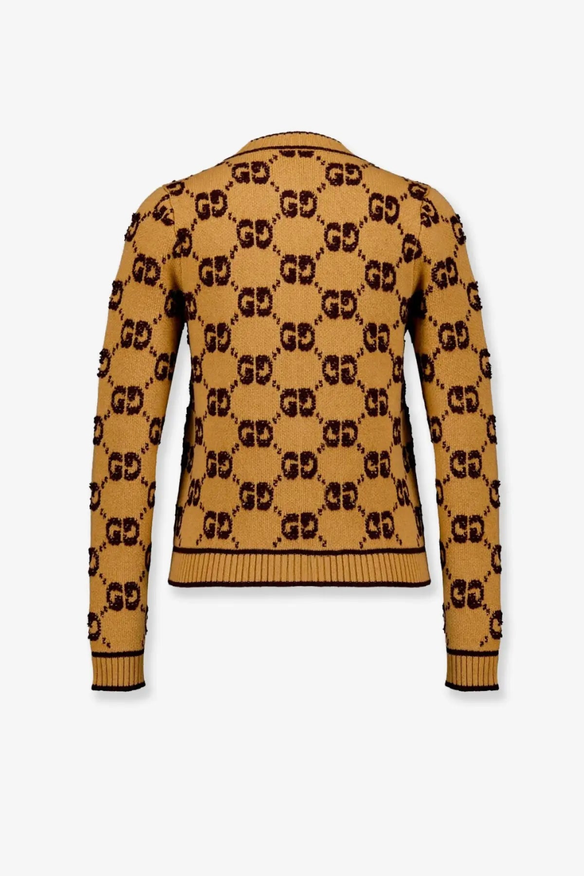 Back view of a mustard-yellow gucci women’s wool cardigan with black gg monogram pattern ribbed cuffs and hem
