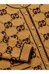 Tan gucci wool cardigan with dark brown interlocking g logo pattern and gold-tone buttons for women beige