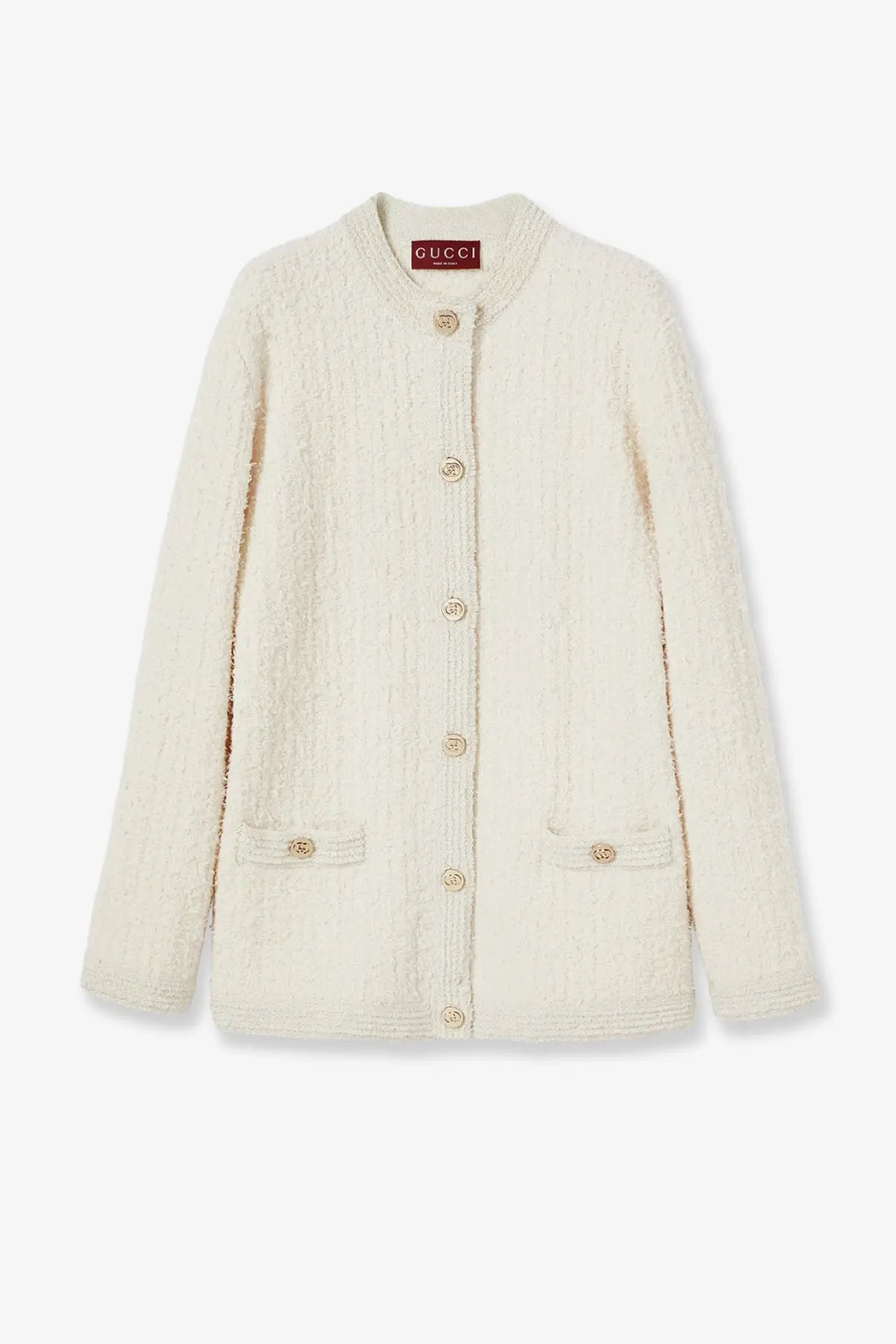 Cream-colored Gucci women’s wool and cotton blend cardigan with matching buttons and front pockets in tweed design