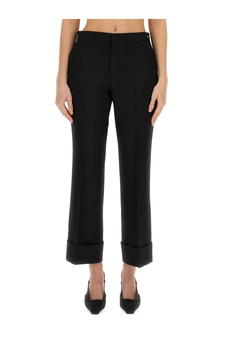 Gucci women’s black wool tailored trousers with straight-leg cut and rolled cuffs