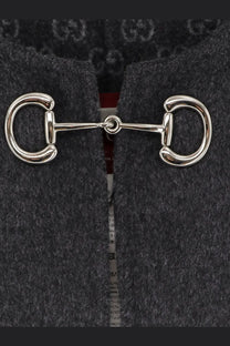 Gucci silver horsebit zipper pull on dark gray wool cape coat back