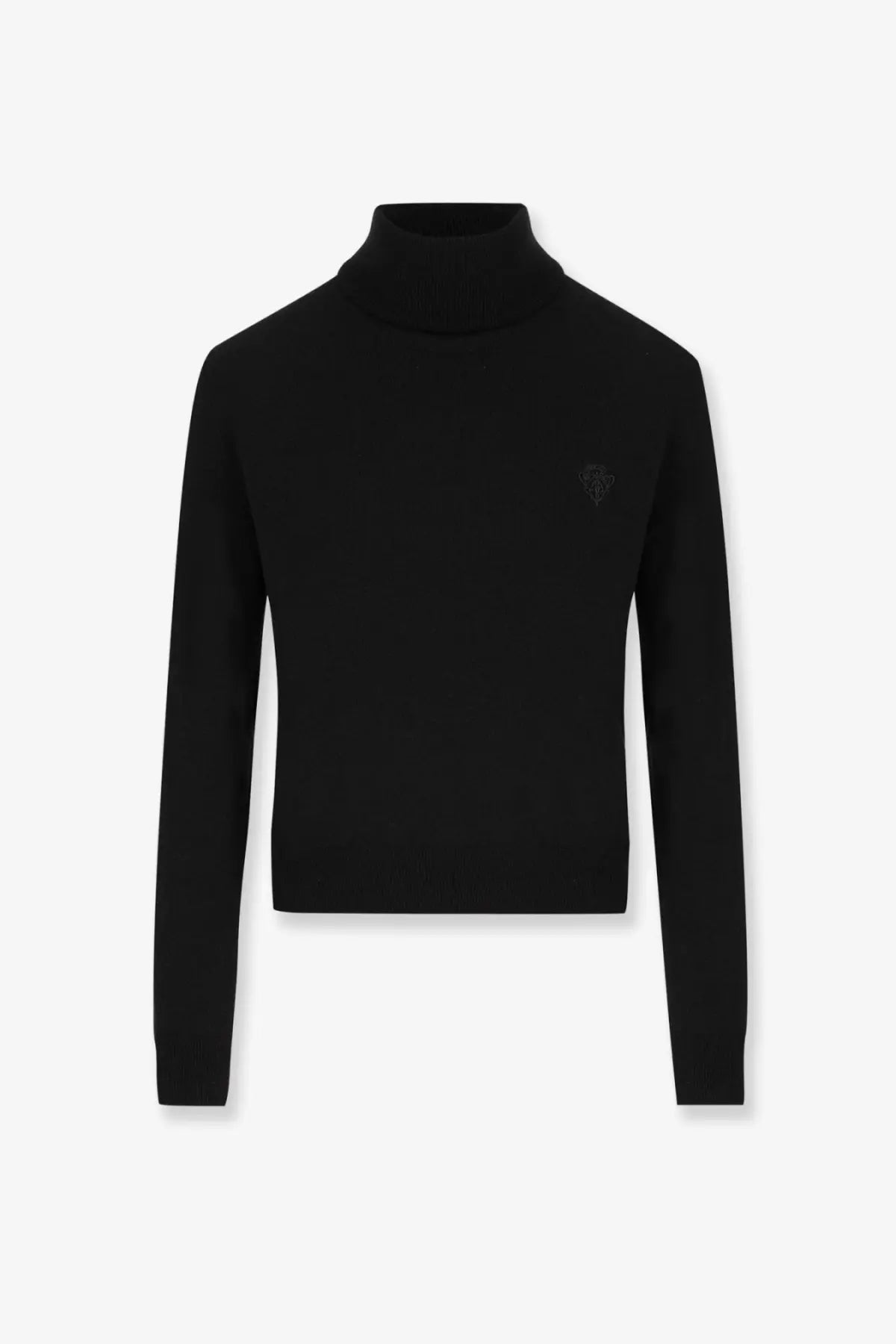 Gucci women’s black wool turtleneck sweater with a subtle embroidered logo on the chest