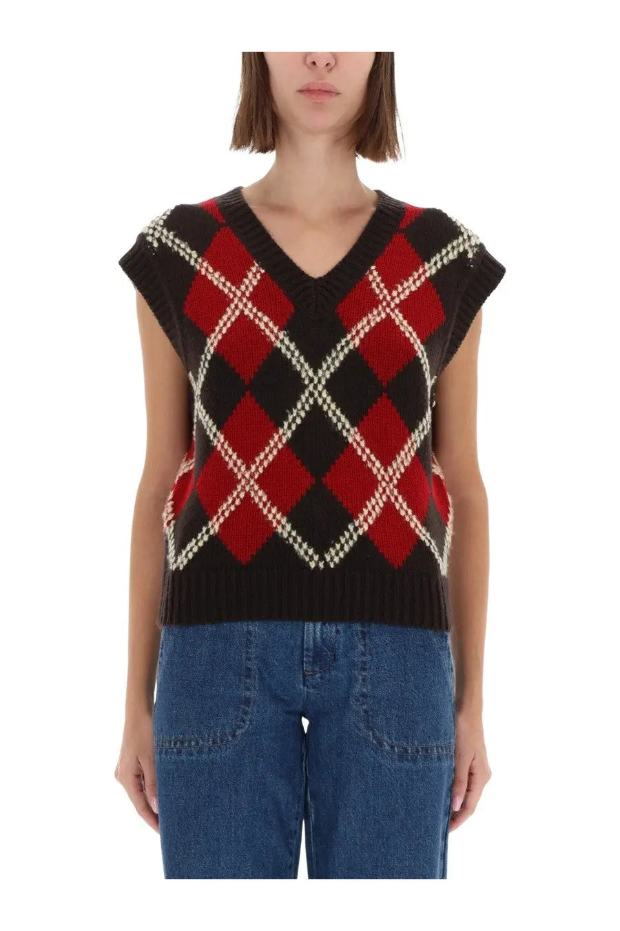 Guest in residence women’s argyle knit vest in black with red diamond patterns and white border accents