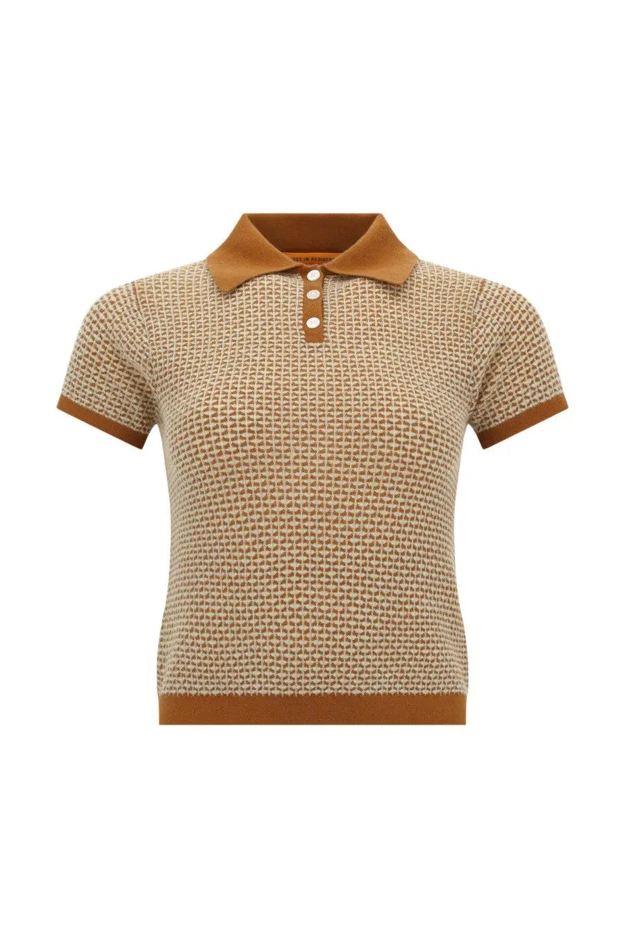 Guest In Residence women’s knitted polo beige with brown pattern short sleeves collar and three-button placket