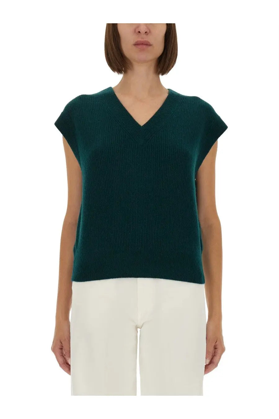 Dark green ribbed knit sleeveless top with v-neckline from guest in residence for women