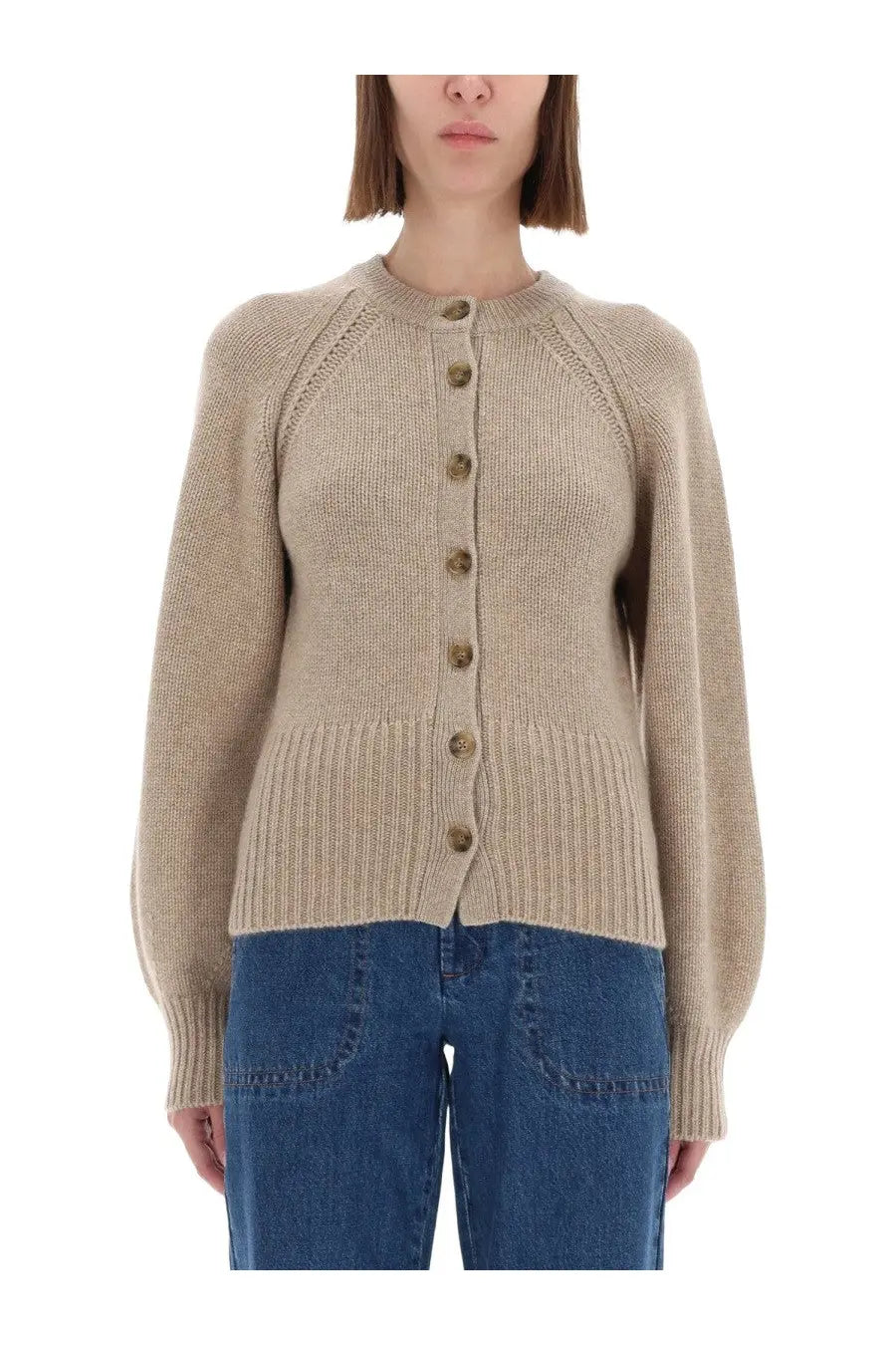 Guest in Residence women’s beige knitted cardigan with ribbed cuffs waistband and central button closure