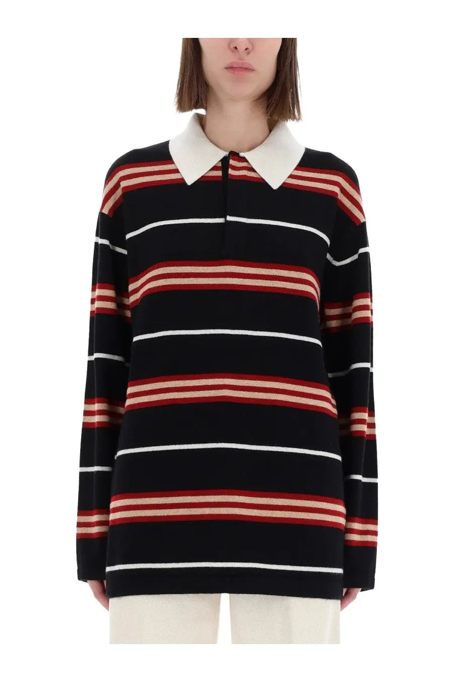 Guest In Residence women’s striped rugby polo shirt in black red and white with cream collar and long sleeves