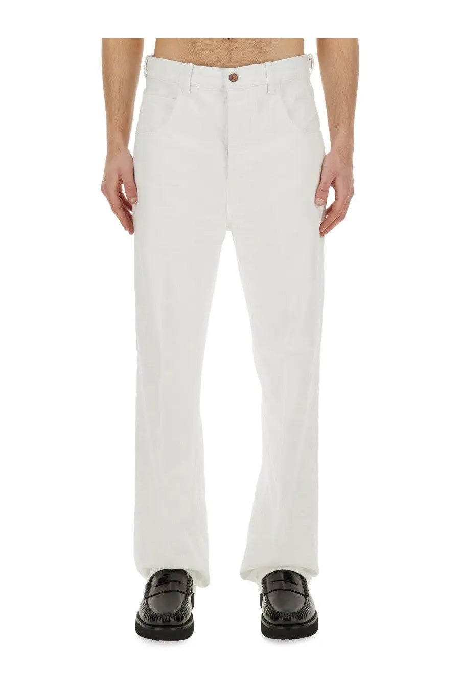 Haikure men’s jeans logan white straight-leg trousers with a clean minimalist design and single brown waistband button
