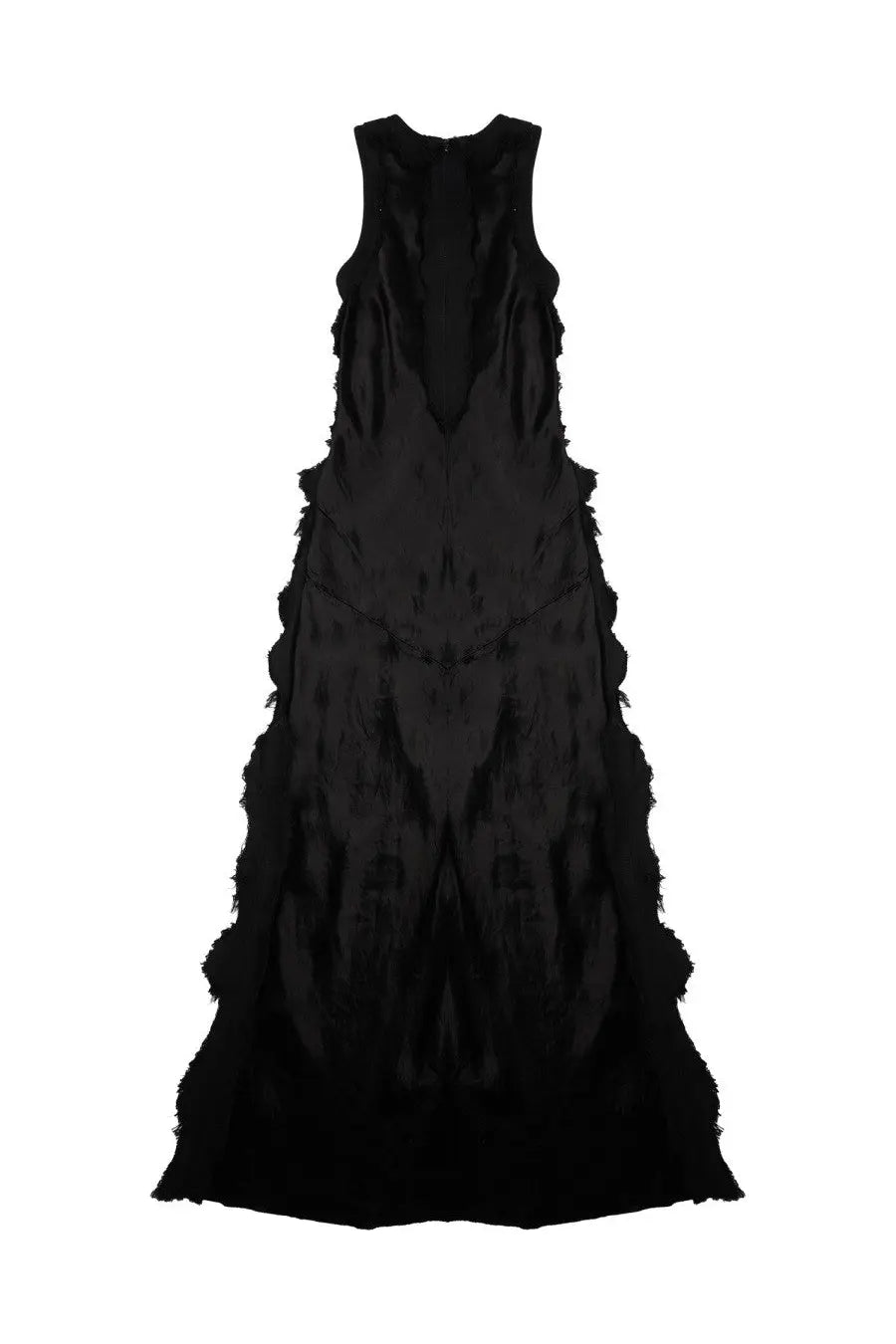 Haikure women’s abito toto bull black satin sleeveless gown with layered frayed ruffles cascading down the length