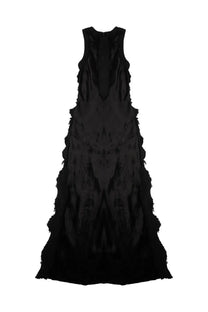 Haikure women’s abito toto bull black satin sleeveless gown with layered frayed ruffles cascading down the length