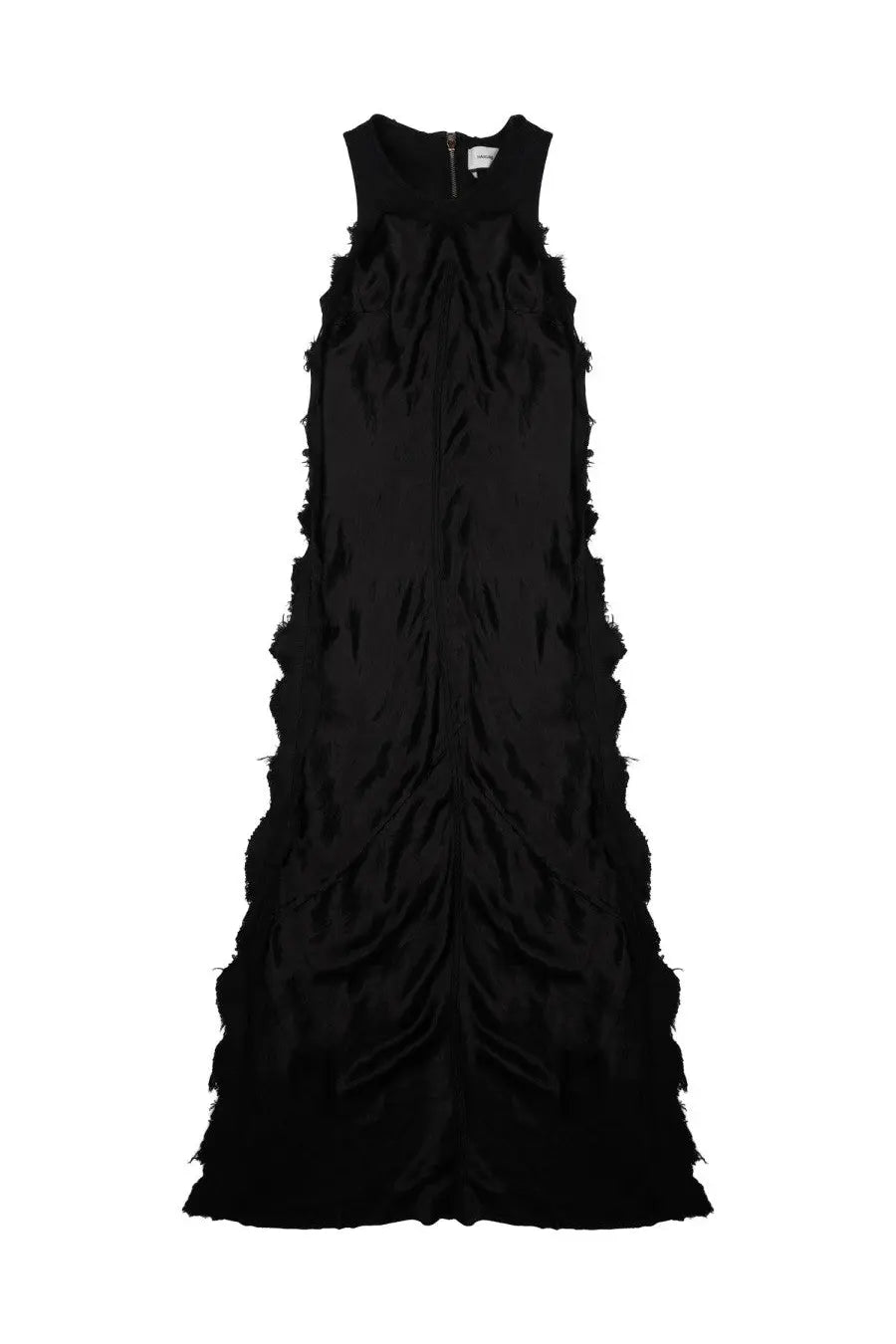 Haikure women’s abito toto bull satin black sleeveless maxi dress with layered ruffles and central zipper neckline