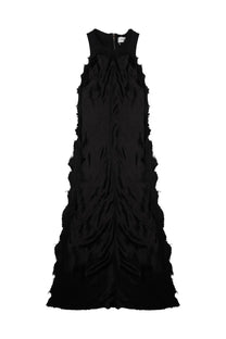 Haikure women’s abito toto bull satin black sleeveless maxi dress with layered ruffles and central zipper neckline