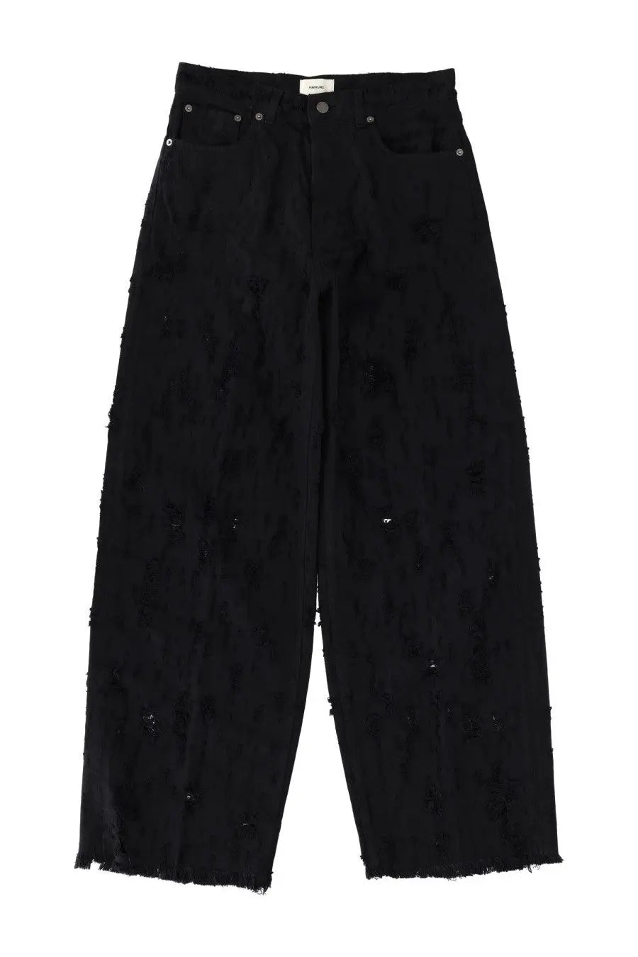 Haikure women’s bethany bull destroy black denim jeans featuring wide-leg fit with distressed frayed edges and texture