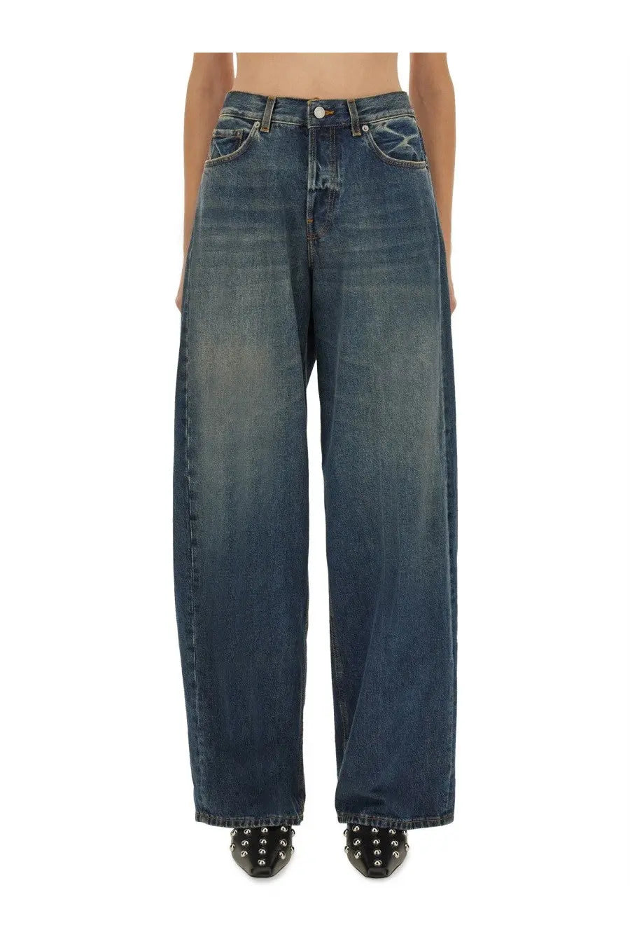 Haikure women’s Bethany high-waisted wide-leg denim jeans in medium blue wash with subtle fading and distressed details