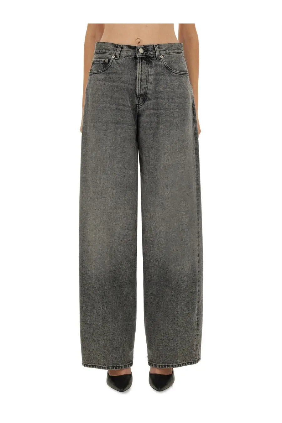 Haikure women’s bethany jeans grey high-waisted wide-leg denim in faded dark gray with classic stitching and button closure