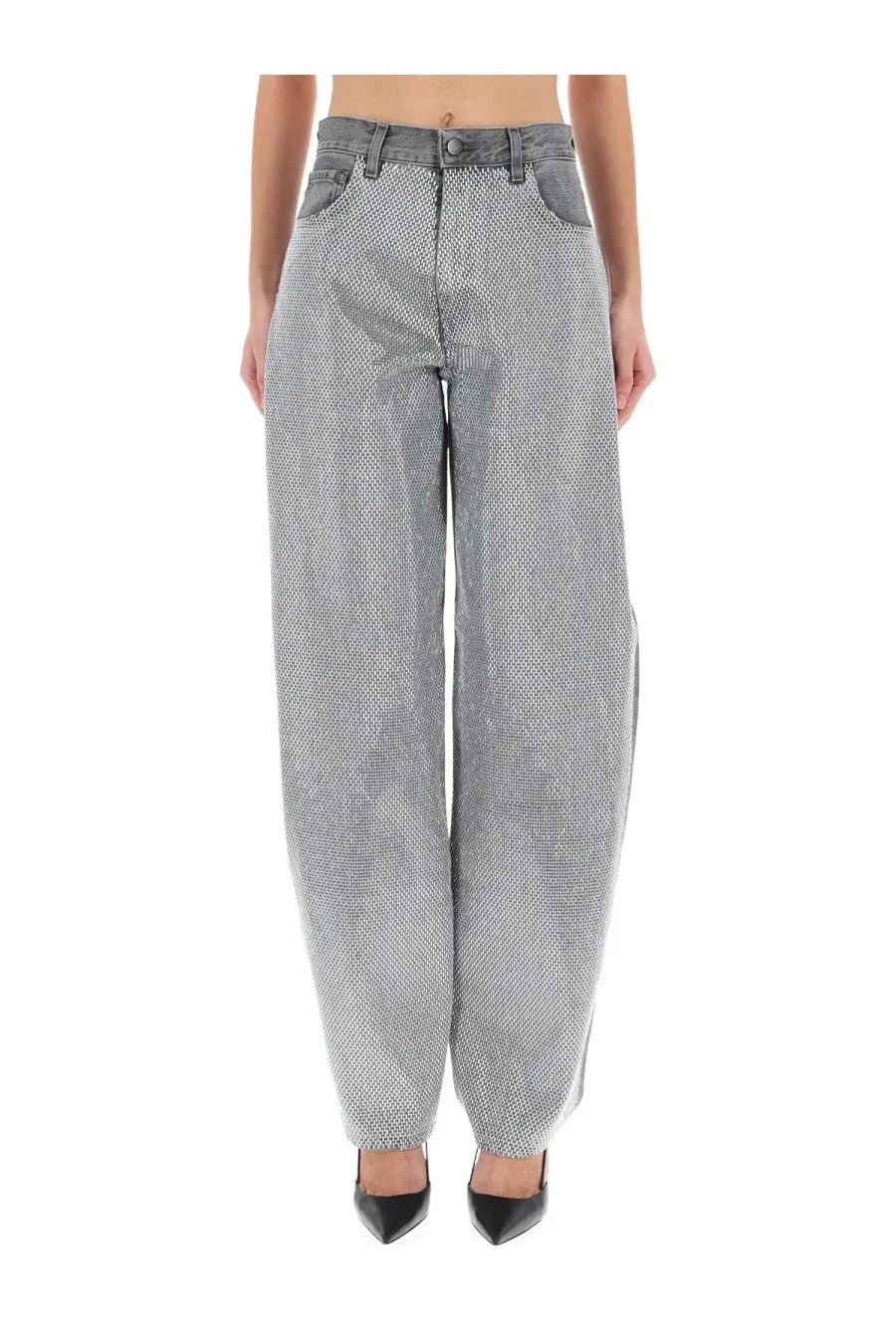 Haikure women’s Bibi denim pants gray high-waisted wide-leg jeans in textured gray fabric with subtle white dot pattern