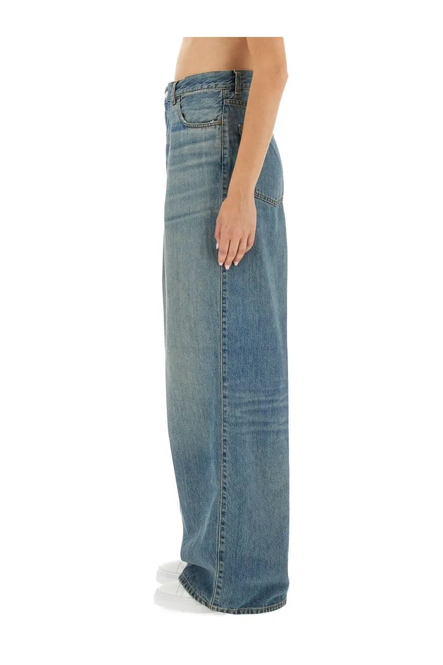 Haikure women’s candy wide leg jeans in medium-wash blue denim with classic stitching and a relaxed fit