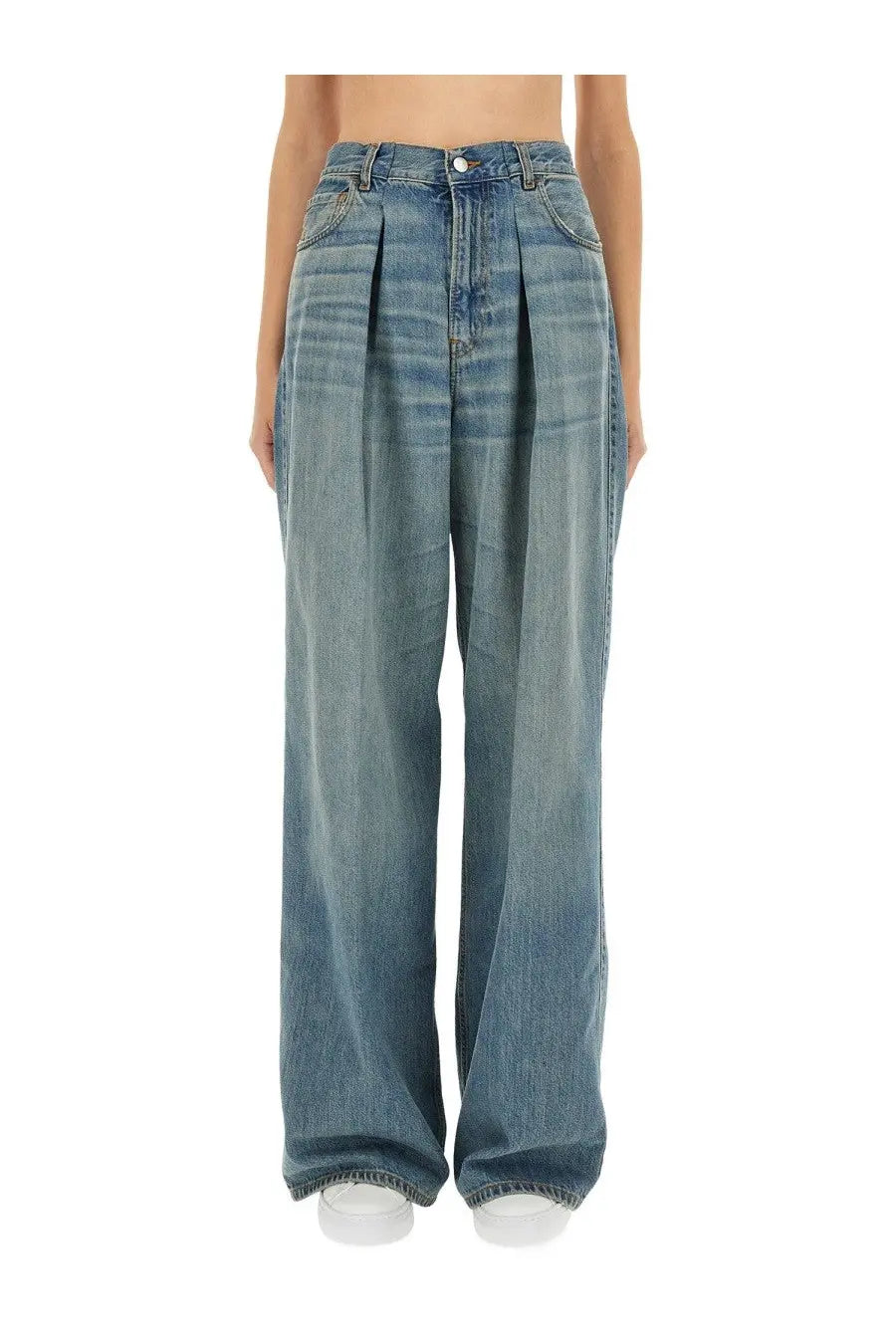 Haikure women’s candy wide leg jeans in medium blue denim with high waist subtle fading and pleated front detail