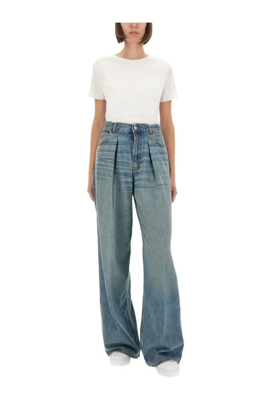 Haikure women’s candy wide leg jeans in medium blue wash with pleated front and classic button fly in denim