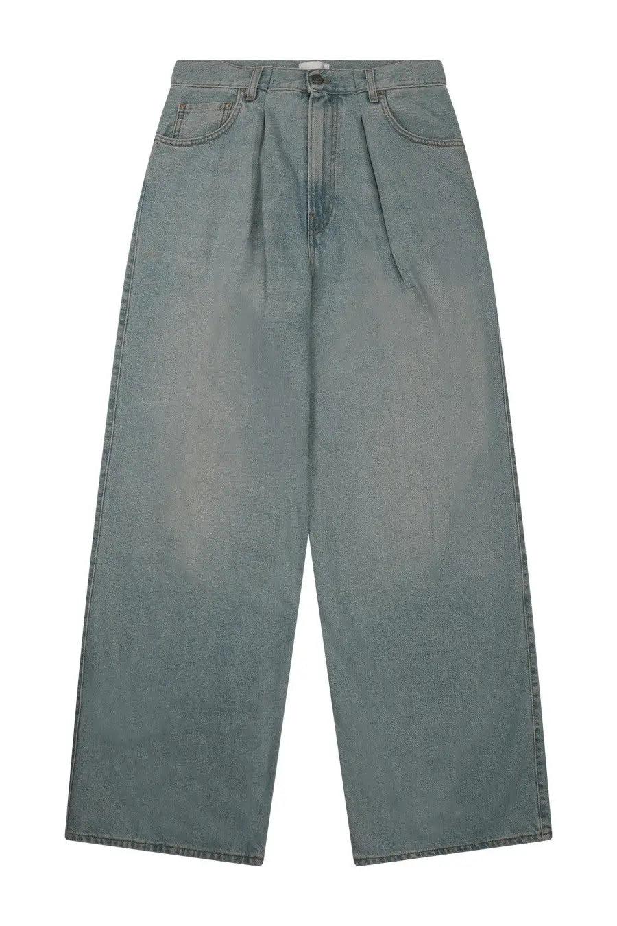 Haikure women’s jeans candy blue wide-leg high-waisted denim jeans in faded gray wash with visible stitching