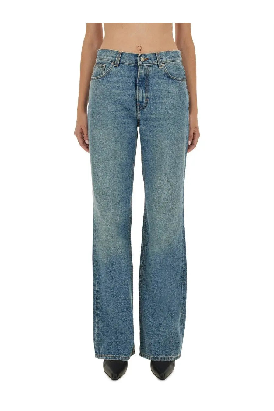 Haikure women’s jeans in korea blue feature high-waisted medium blue denim with a straight-leg cut and five-pocket design