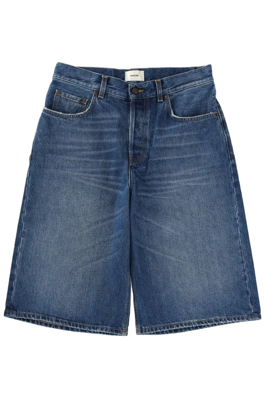 Haikure women’s new Becky blue denim shorts with classic five-pocket design and visible brand label at waistband