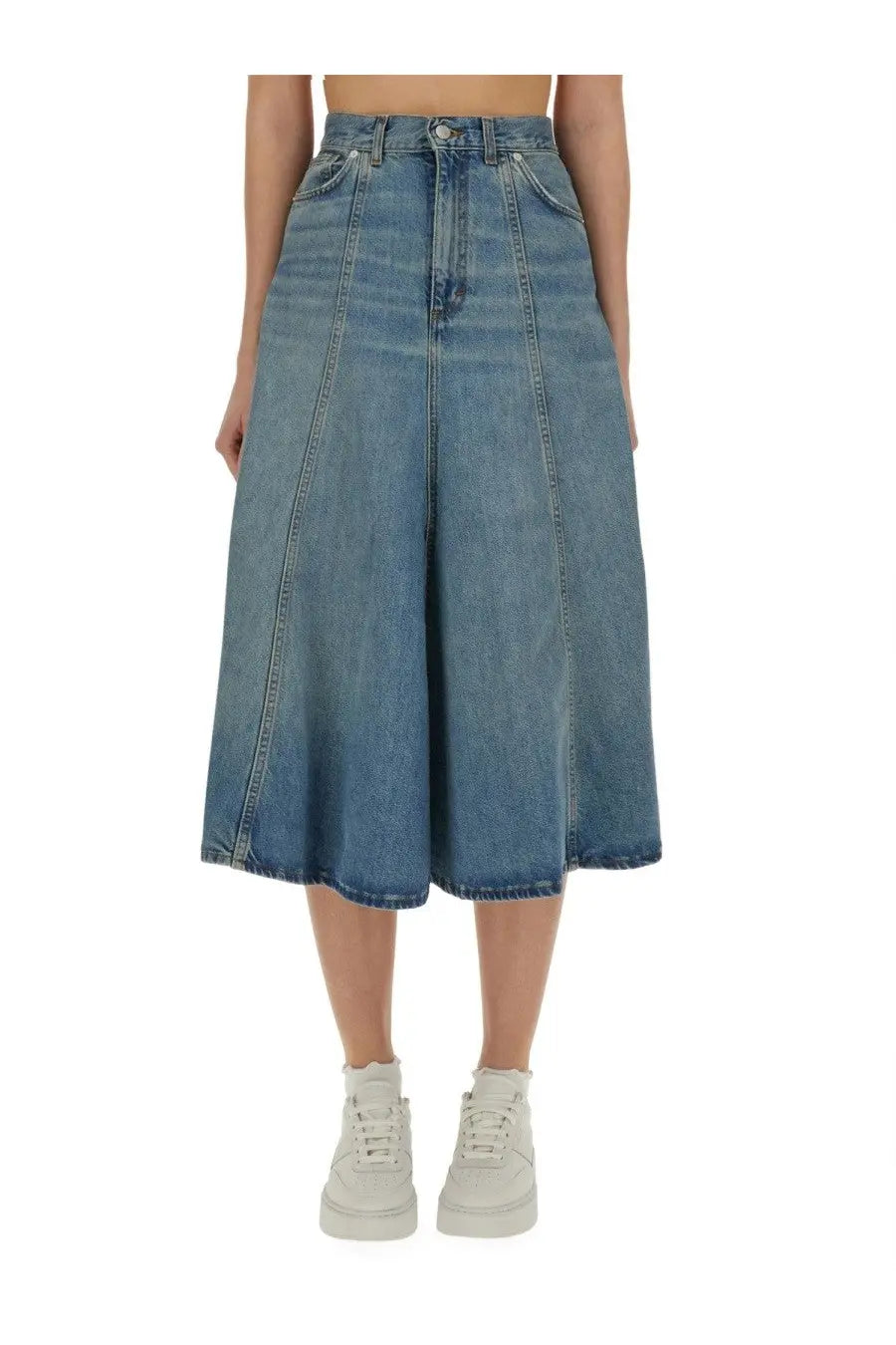Haikure women’s serenity midi skirt in faded blue high-waisted denim with subtle vertical seam detailing