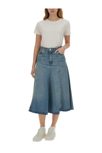 Haikure women’s serenity midi skirt blue is a medium blue wash a-line denim skirt with a flared hem and classic stitching