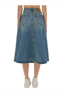 Haikure women’s serenity midi skirt in medium-wash blue denim with a high waist and flared silhouette