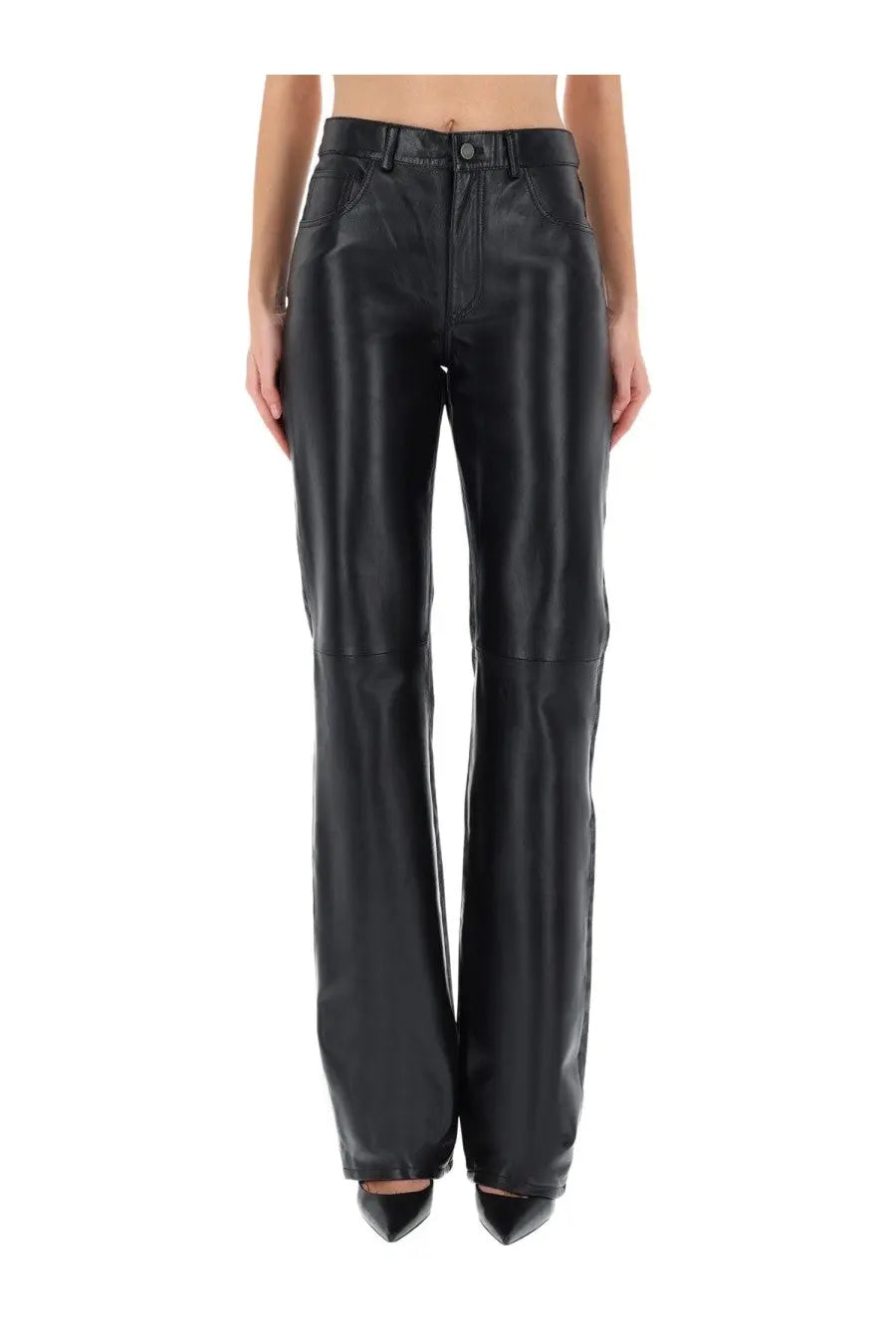 Haikure women’s star black denim and leather pants in black faux leather with high-rise straight-leg and five-pocket design