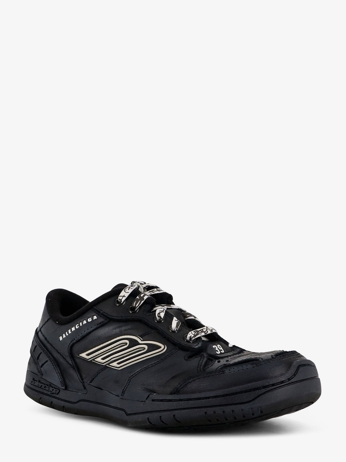 Balenciaga Men's Hamptons Worn Out Low Top Leather Sneakers Black, view 2