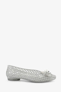 Heavenly Jelly women’s silver glittery mesh flat ballerina shoe with crystal and pearl toe embellishment
